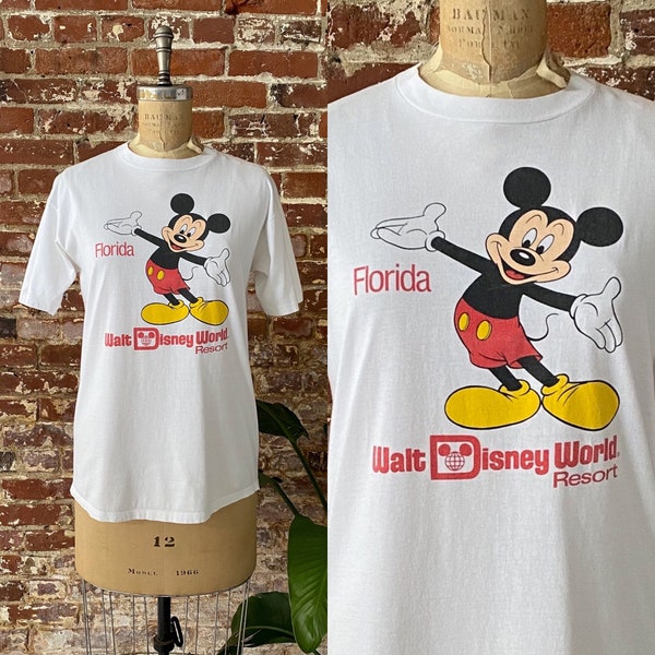 Vintage 1980s Florida Walt Disney World Resort T-Shirt - 80s Mickey Mouse Disney Florida Tee - Single Stitch - Med Mens