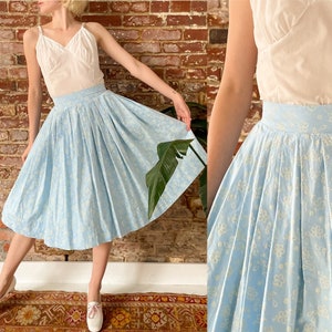 Vintage 1950s Baby Blue Embossed Floral Pleated Circle Skirt - 50s Blue & Cream Floral Cotton Full Skirt - 24/25 Waist