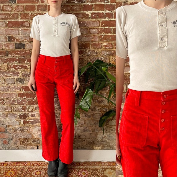 Vintage 1970s Jeanie Cherry Red Velvet Flare Pants - 70s Velvet Exposed Button Fly Flares - Made in USA - Mid Rise Waist XS 26 W, Narrow Hip