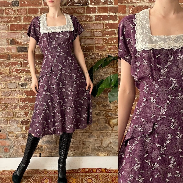 Vintage 1990s does 1940s Plum Floral Rayon Midi Dress - 90s All That Jazz Romantic Floral Square Neck Tie Back Dress - Made in USA - Medium