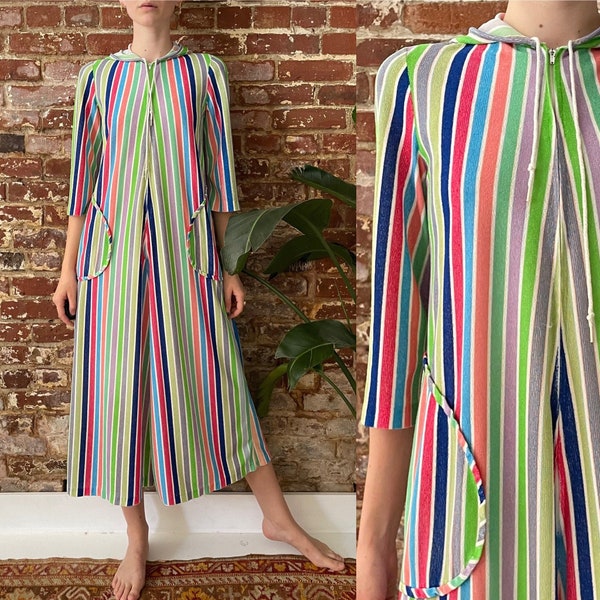 Vintage 1960s/1970s Striped Terry Cloth Beach Dress - 60s/70s Rainbow Striped House Dress - Union Made - Pockets - Hood - Small