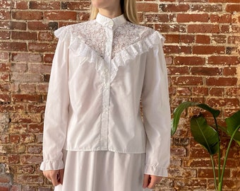 Vintage 1970s White Ruffle Lace Yolk High Neck Western Blouse - 70s White Cotton Antique Style Blouse  - Size Medium