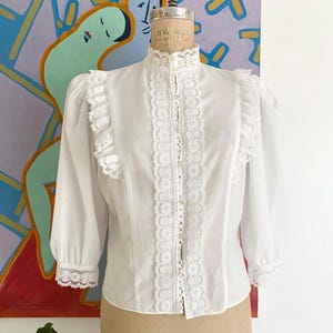 Vintage 70s &quot;Sauci California&quot; Victorian Inspired Lace Ruffle Puff Sleeve Blouse  - Medium