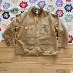 Vintage Faded Camel Carhartt Chore Jacket - Nicely Worn Blanket Lined Carhartt Workwear Chore Coat - Button Up, Cord Collar - Men&#39;s XXXL 56