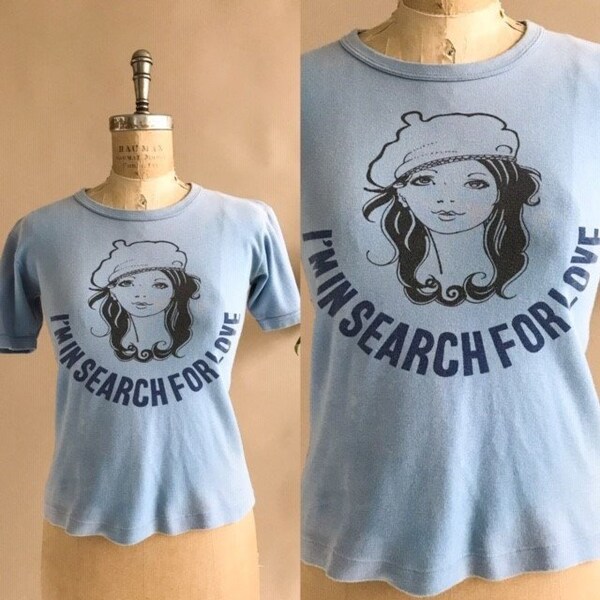 Vintage 1970s "I'm In Search For Love" Graphic T-Shirt - 70s Ringer Tee - 60s Boho Hippie T-shirt - Baby Blue - Size Small