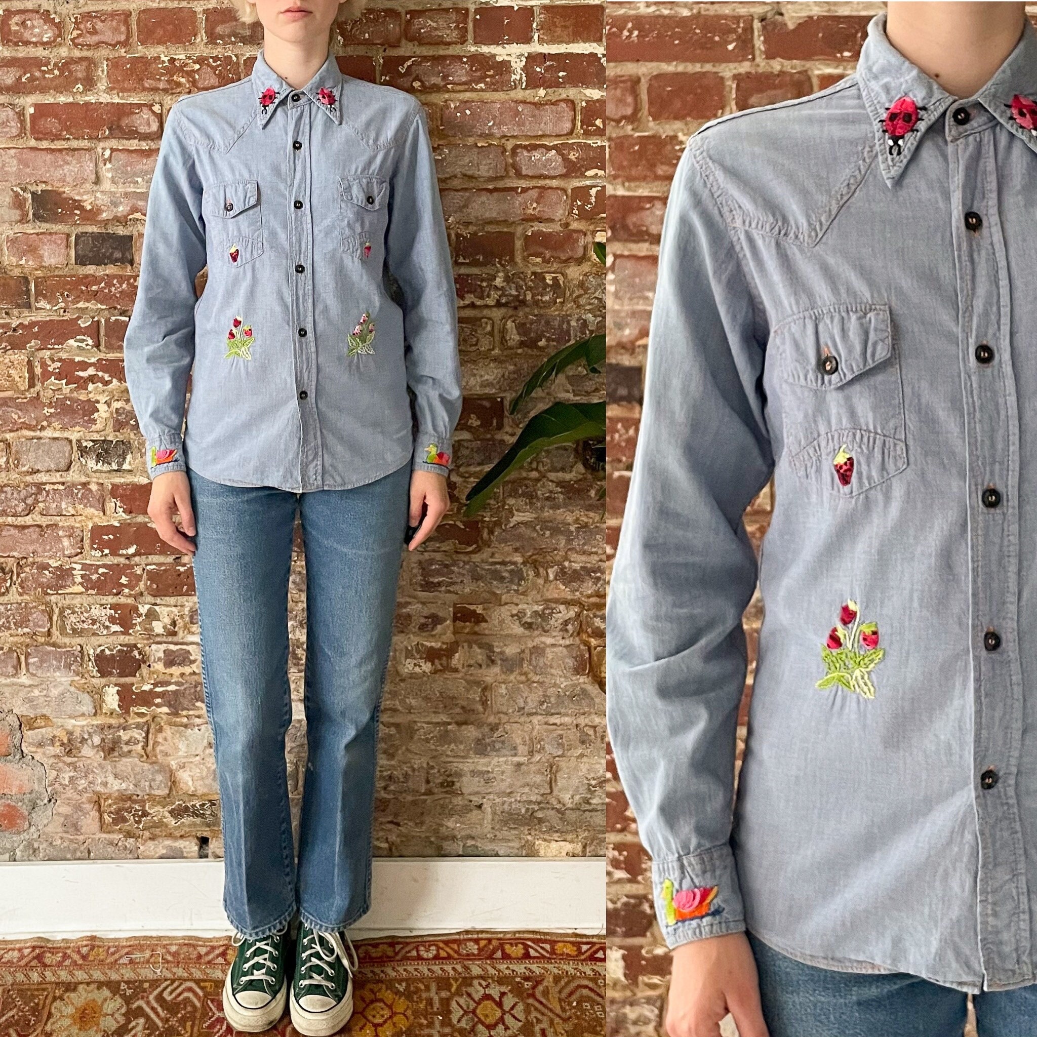 Vintage 1970s Montgomery Ward Embroidered Chambray Denim Vintage 1970s Montgomery Ward Embroidered Chambray Denim