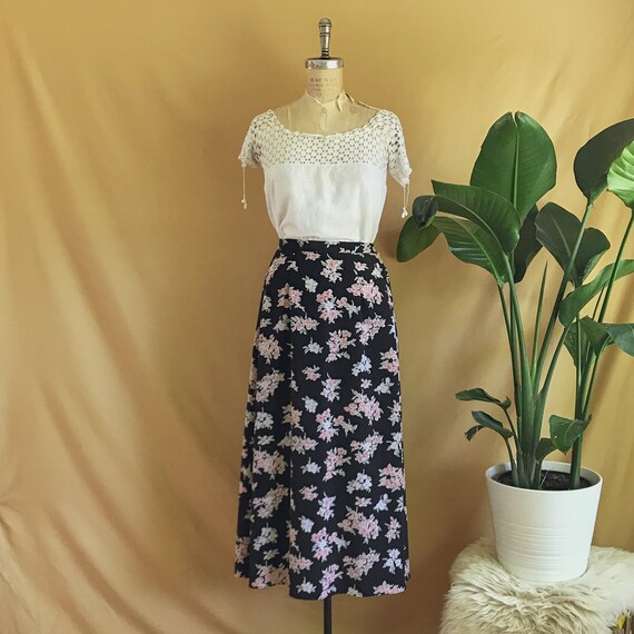 Vintage 1990s Pink & Black Floral Maxi Skirt - 90s