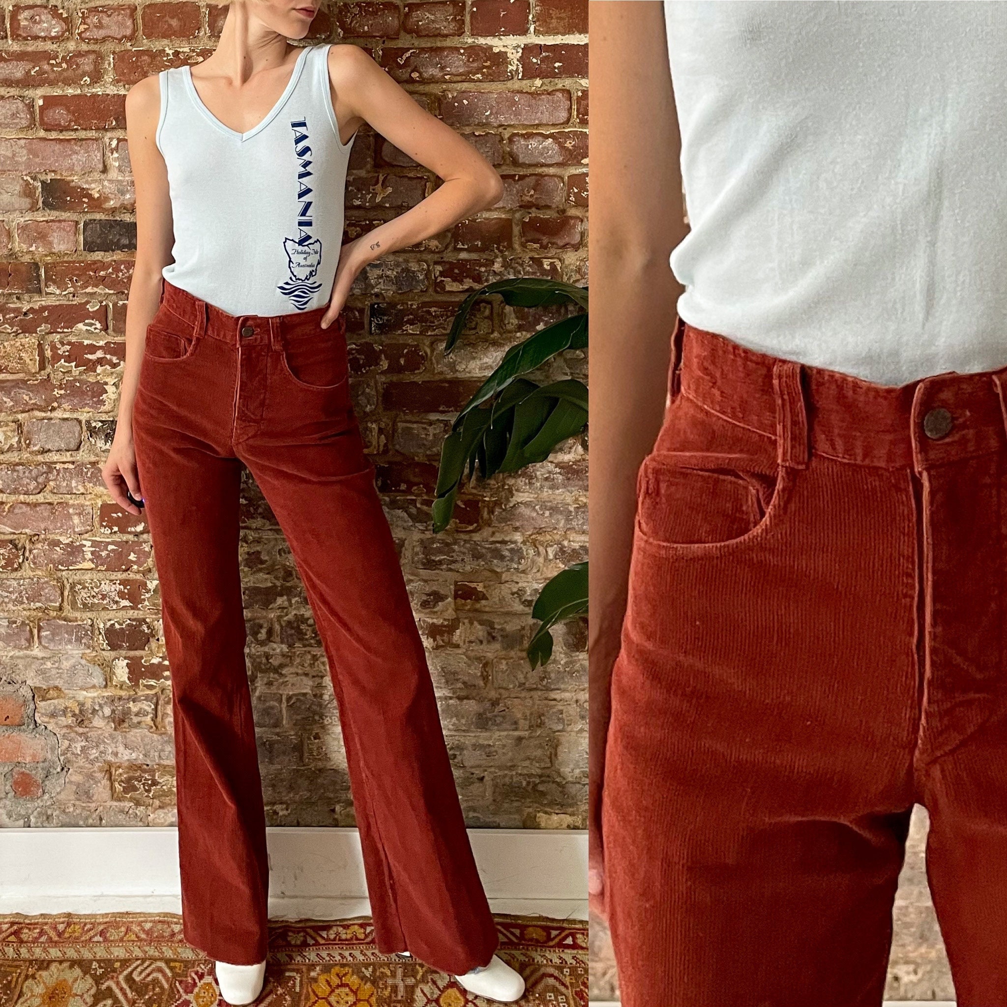 Vintage 1970s Rust Corduroy Bell Bottoms - 70s Hudson's Bay Company Rust  Red Orange Mid-Rise Cord Flares - 27 Waist 36 Hip