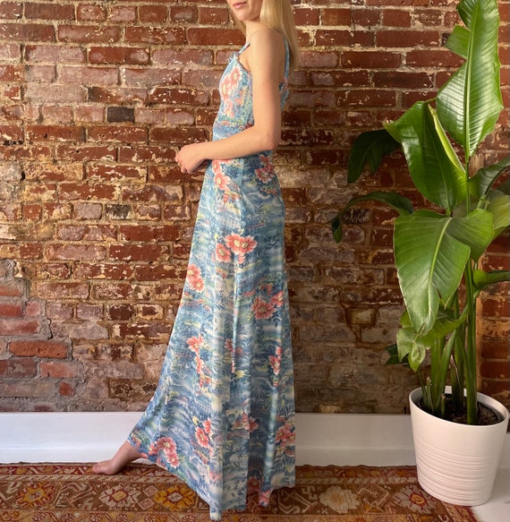 Vintage 1970s Blue Floral Hawaiian Tank Maxi Dres… - image 4