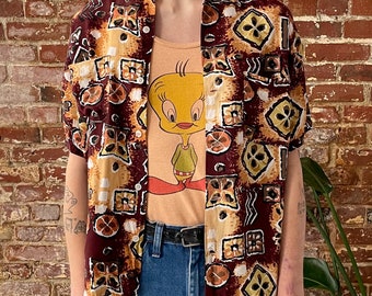 Vintage 1950s Rayon Hawaiian Shirt - 50s Brown Yellow Hand
