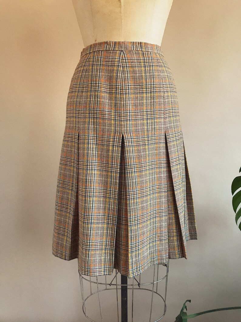 Made in USA Pure Wool Orange Brown Plaid Vintage 1970s Pendleton Wool Pleated Skirt Size Small 27 Waist 70s Wool Skirt