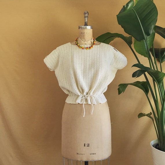Vintage 1970s Beige Cotton Crochet Knit Blouse - 7