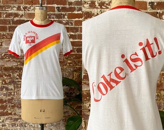 Vintage 1970s Bar-S Stampede Stripe Ringer T-Shirt - 70s Coke Is It! Sponsored Marathon Tee - Single Stitch Made in USA - S/M Short Fit