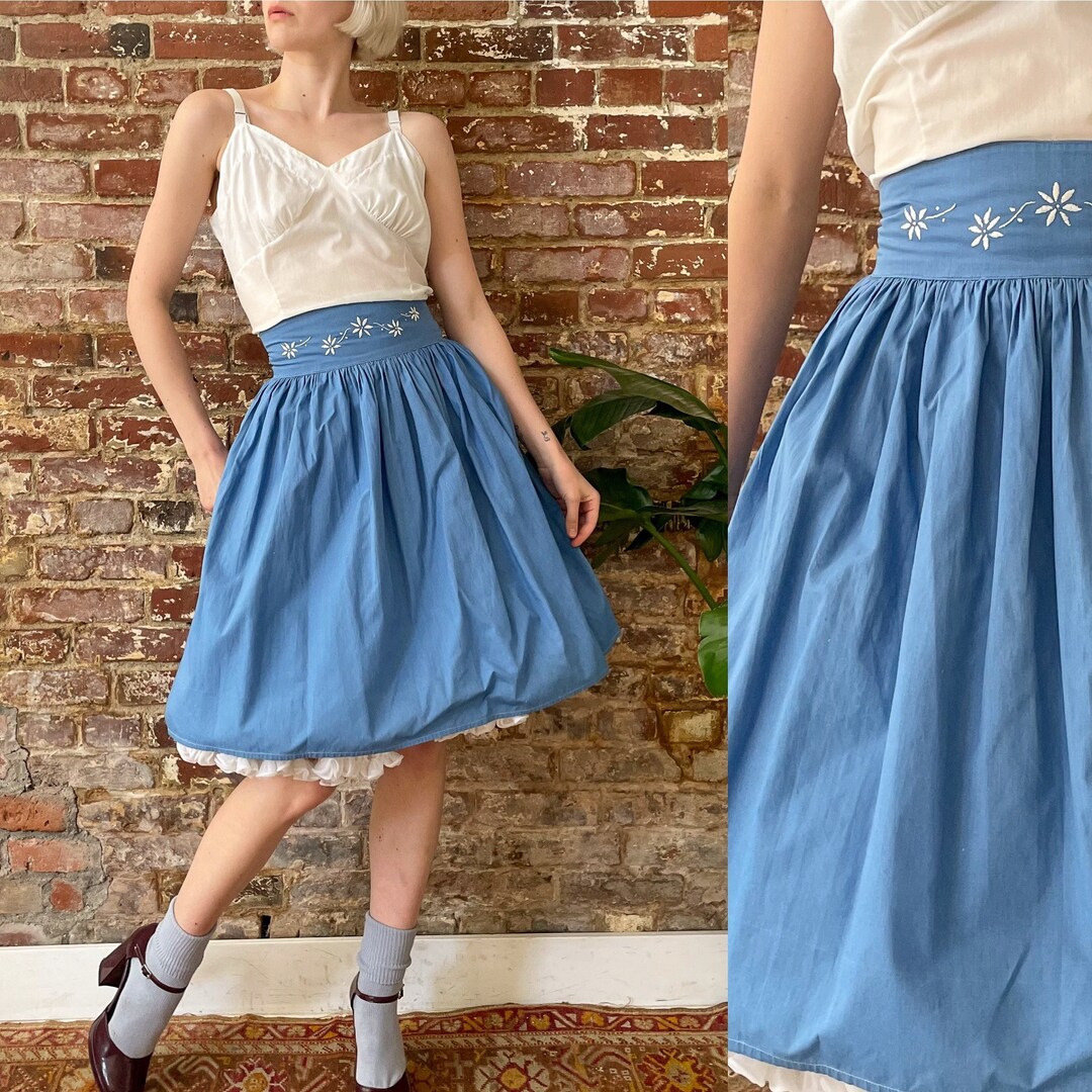 ヴィンテージ 40年代/50年代 ブルー 刺繍 コットン ボタンバック