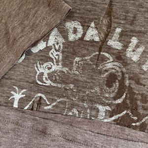 May include: A brown t-shirt with a distressed graphic print. The print features the word "DALLAS" in a faded white font, along with an illustration. The shirt has a crew neck and short sleeves. The fabric appears to be a soft, worn material.