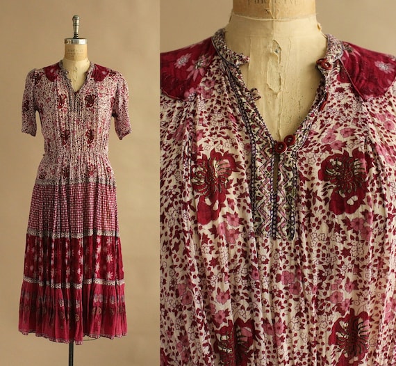 Vintage 1970s Indian Cotton Gauze Block Print Dres