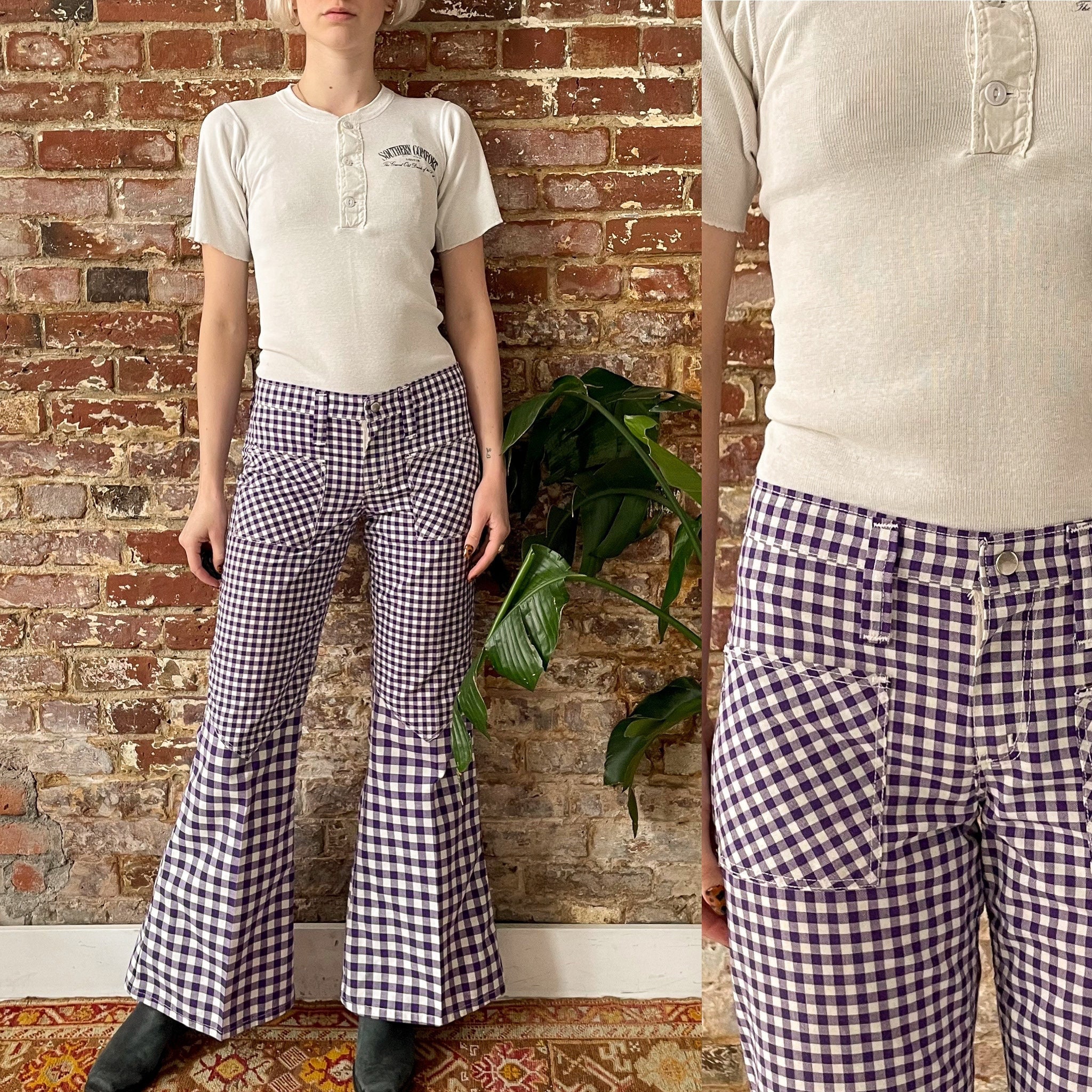 パンツ 60s 70s wrong where Vintage 1960s Peter Max Wrangler Gingham Bell Bottoms - 60s