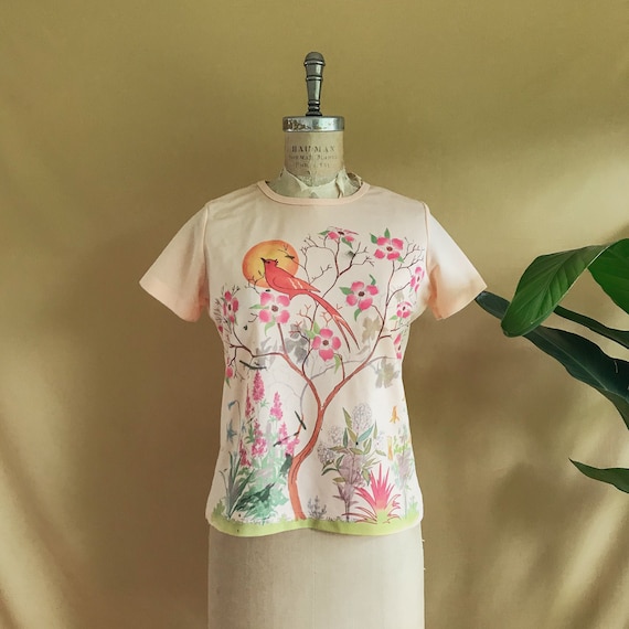 Vintage 1970s Hand Painted Floral Robin Tee - 70s