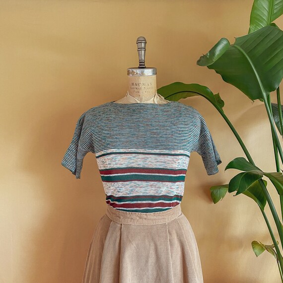Vintage 1970s Forest Green Burgundy Stripe Space D
