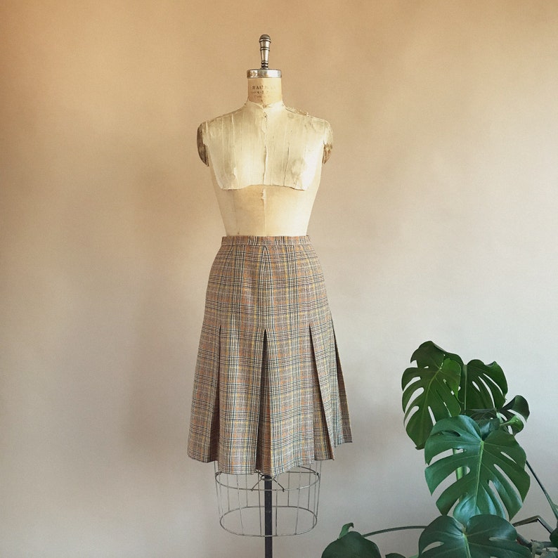 Made in USA Pure Wool Orange Brown Plaid Vintage 1970s Pendleton Wool Pleated Skirt Size Small 27 Waist 70s Wool Skirt