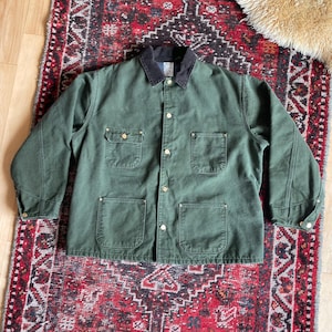 Vintage Carhartt Chore Jacket - Carhartt CB104 Green Blanket Lined Cord Collar Chore Coat - Union Made in USA Size 50