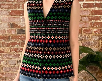 Vintage 70s Daisy Stripe Velvet Button Up Vest - Small