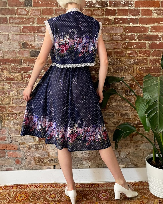 Vintage 1970s Navy Blue Polka Dot Floral Dress Set - … - Gem