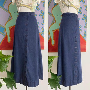 Vintage 1970s Indigo Raw Denim Button Down Denim Maxi Skirt - 70s Denim Full Skirt - Made in Canada - XS 25&quot;  Waist