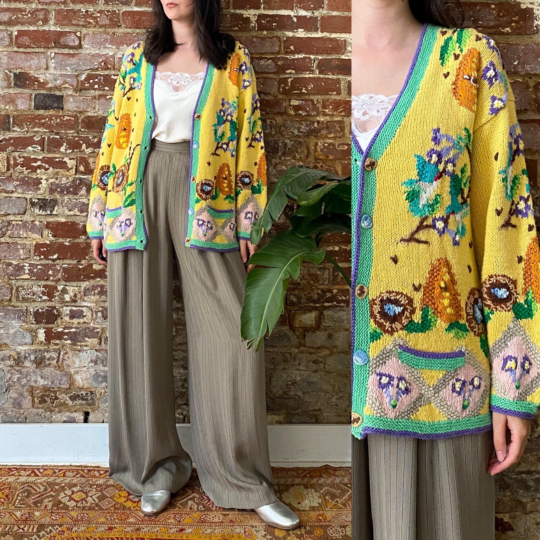 Vtg 90s Birds And Bees Novelty Knit Cotton Ramie Cardigan - Small, Oversized Fit