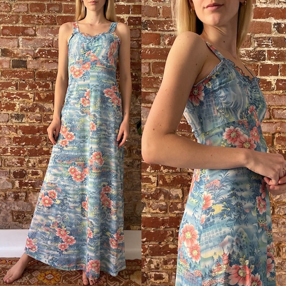 Vintage 1970s Blue Floral Hawaiian Tank Maxi Dres… - image 1