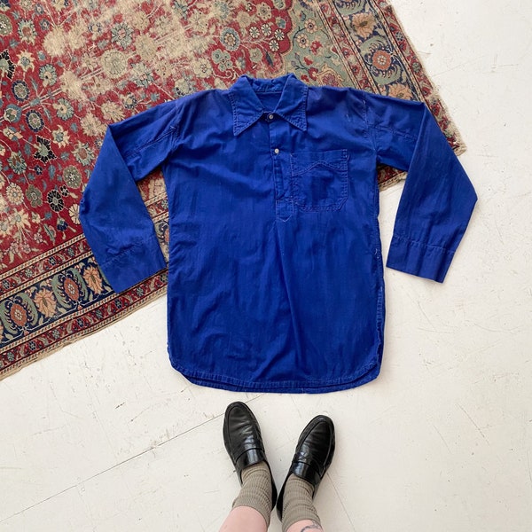 Vintage 1930s French Blue Cotton Work Shirt - Pullover Work Smock Tunic Shirt - Men's Medium, Narrow Arm Holes*