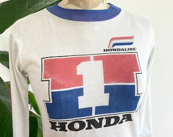 Camiseta de carreras Hondaline vintage de los años 80 con estampado en la manga - Hecha en EE. UU. - Talla XS (40,6 cm x 55,9 cm) - Etiquetada como talla juvenil grande