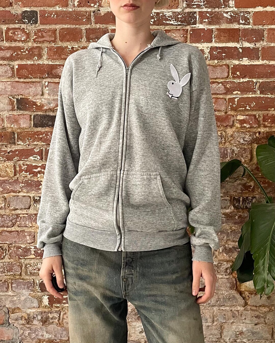 Vintage 1980s Heather Grey Playboy Patch Zip up Hoodie - Medium
