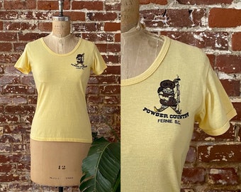 Vintage 1970s Powder Country Fernie B.C. Souvenir Tee - 70s Yellow Ringer Baby Tee - Single Stitch 50/50 - Women's Small Medium