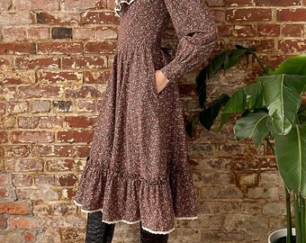 Vintage 1970s Gunne Sax Brown Calico Floral Balloon Sleeve