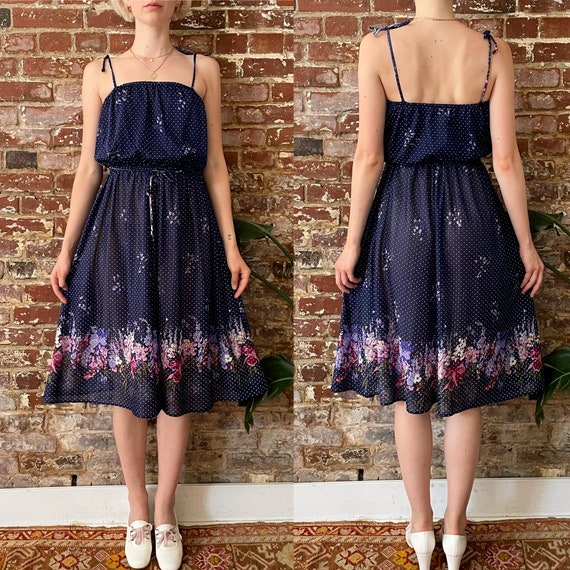 Vintage 1970s Navy Blue Polka Dot Floral Dress Set - … - Gem