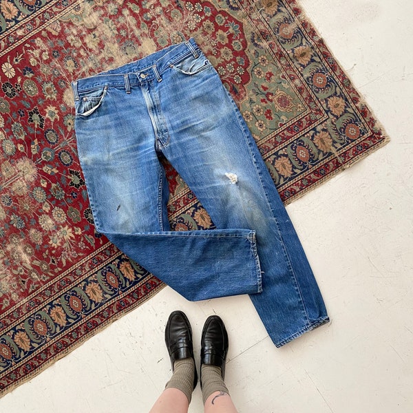 Vintage 1960s Pennyes Ranchcraft Straight Leg Selvedge Jeans - 60s Thrashed Work Jeans - Faded Medium Dark Wash - 33 34 Waist