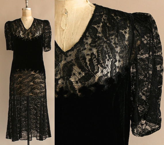 Vintage 1930s Velvet Lace Dress - 1930s Black Dres