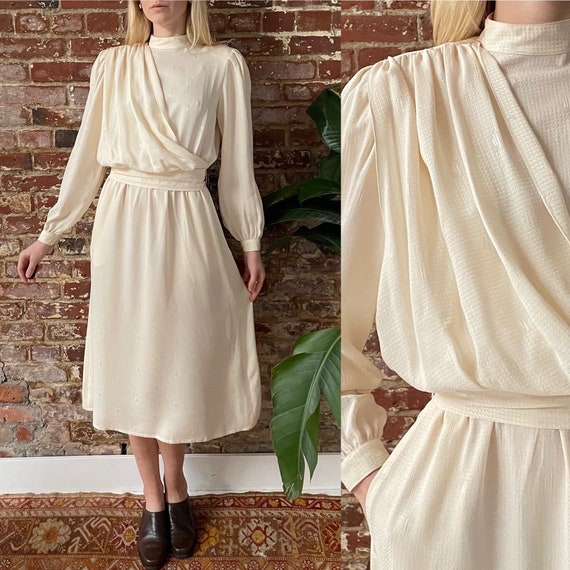 Vintage 1980s Cream Silk Blouson Dress 