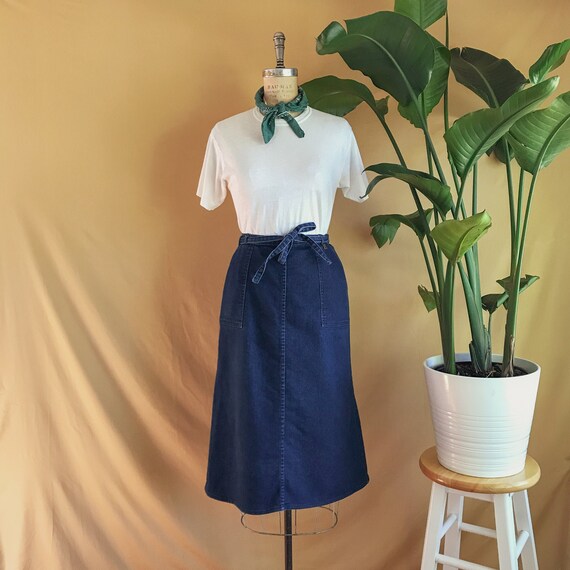 Vintage 1970s Dark Wash Denim Wrap Skirt - 70s Den
