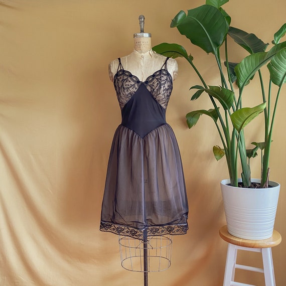 Vintage 1960s Black Peignoir Slip Dress - 60s Embr