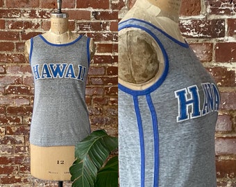 Vintage 70s Hawaii Heather Grey & Blue Stipe Ringer Tank - Worn Thin - Single Stitch - XS/S 17" x 24"