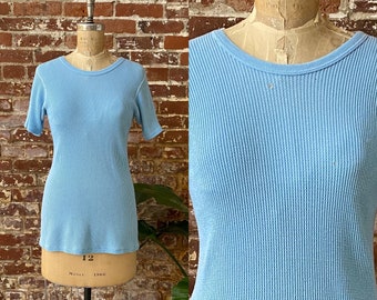 Vintage 70s/80s Blue Short Sleeve Thermal Waffle Shirt - Single Stitch Cotton Blend - Men's Small/Medium Women's Medium/Large
