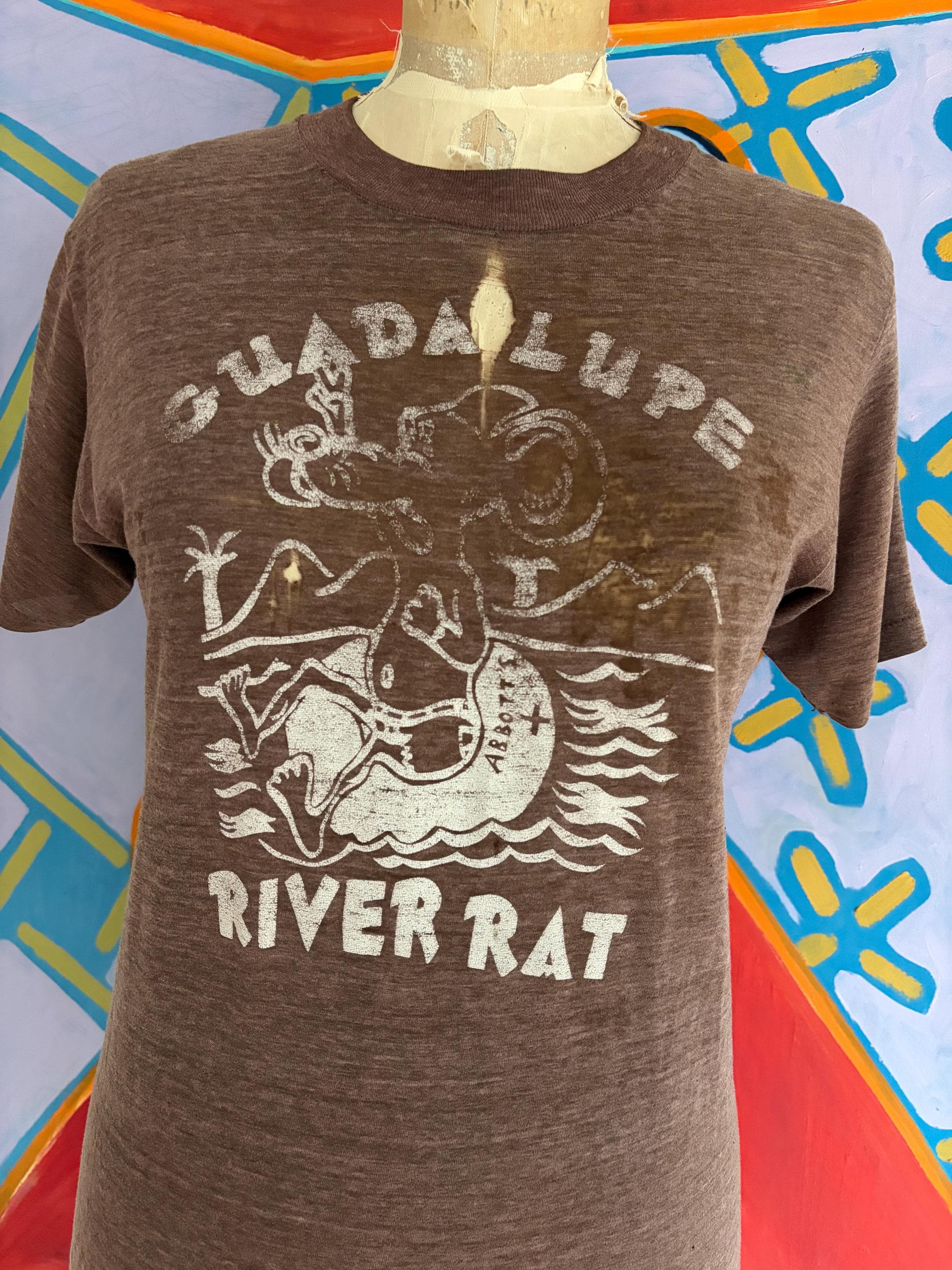 Vintage 80s Guadalupe River Rat Faded Out Threadbare Paper Thin T