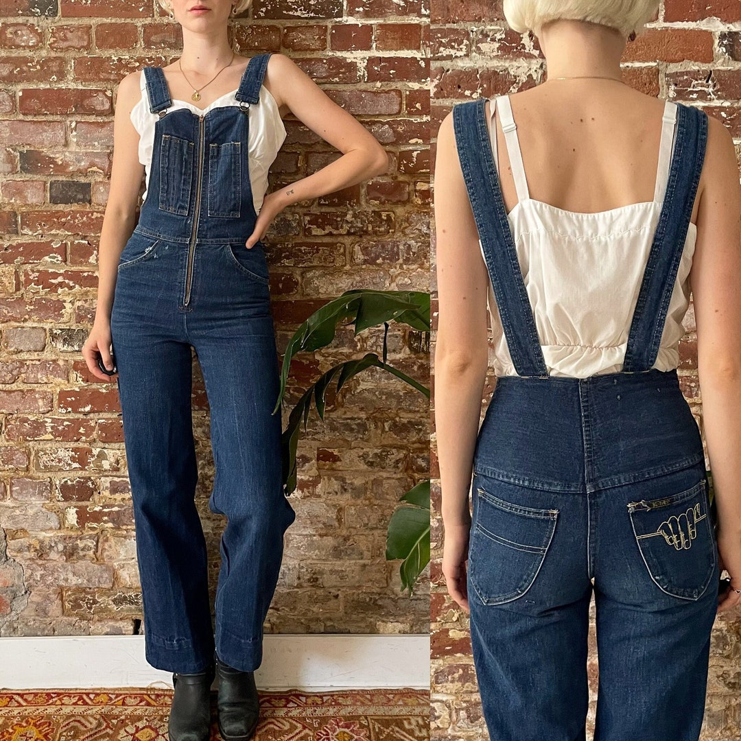 1970s Indigo Denim Overalls 70s Dark Wash Zipper Front Overalls Made in