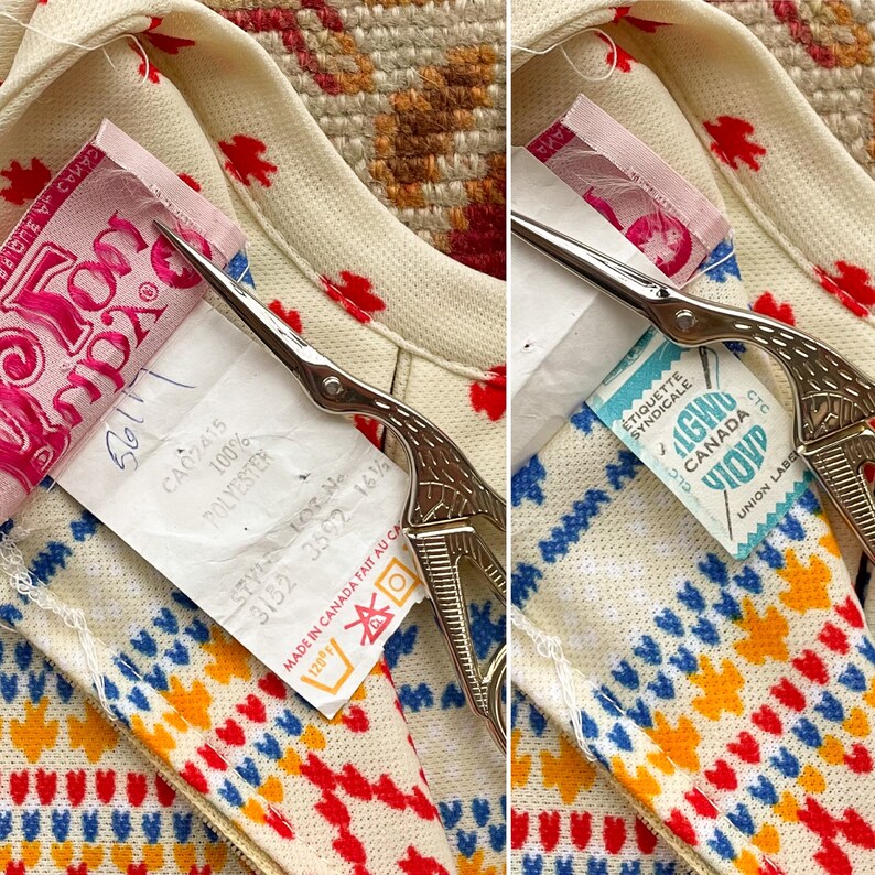 May include: A white, red, blue, and yellow patterned shirt with a white tag that reads "CA02415 100% POLYESTER STYL LOT No 3152 3592 16 1/2 MADE IN CANADA FAIT AU CA 120&deg;F" and a second tag that reads "&Eacute;TIQUETTE SYNDICALE CTC YIOVP CANADA UNION LABELS".