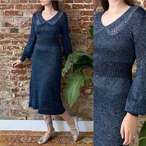 Vintage 1970s Blue Metallic Knit Bishop Sleeve Dress - 70s Crochet Collar Puff Sleeve Lurex Knit Dress - Small to Medium