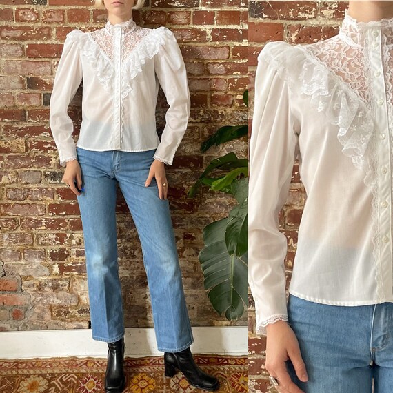 Vintage 1970s Victorian Inspired Ruffle Blouse 70s Puff Shoulder 
