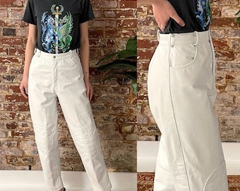 Vintage 80s/90s White Leather Trousers, High Waisted Tapered Leg - XS 25 Waist
