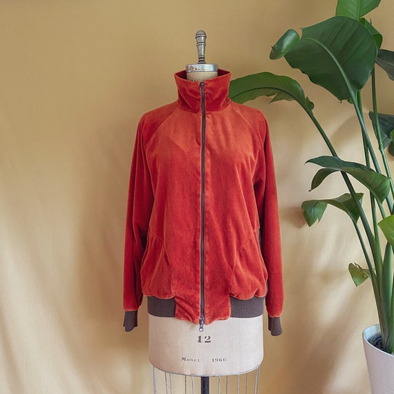 Vintage 1970s Rust Velour Zip Up Jacket - 70s Rust